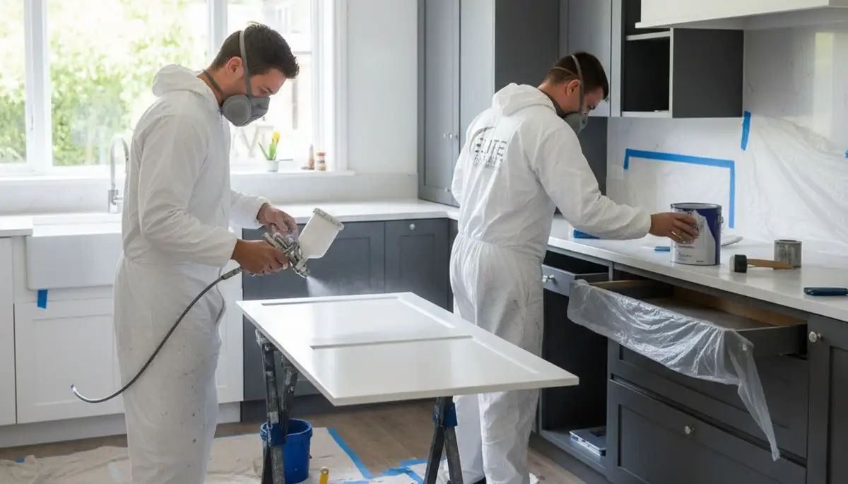 Cabinet painters refinishing kitchen cabinets in Escondido, CA for a durable, smooth finish