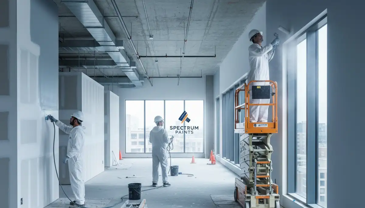 Commercial painting crew applying durable exterior coating on a stucco building in Escondido, CA